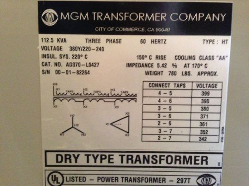 112.5 kva 3-phase dry transformer for sale