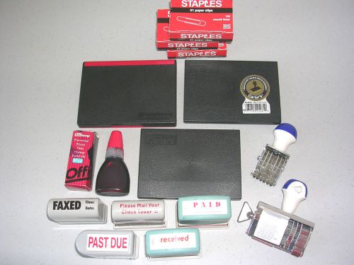 Lot of Ink Pads, Bottles of Ink, Message Stamps, Rubber Stamps &amp; Daters