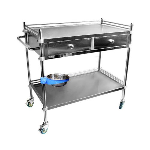 Stainless Steel 2 Layers Serving Medical Dental Cart Trolley 2 Drawers 1 Bucket