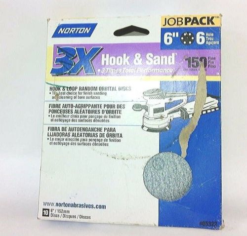 Norton 3X Hook &amp; Loop 6&#034; X 6 Hole Sanding Discs 10 Discs #150 Grit Fine