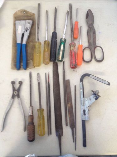 Metal shears 9 screwdrivers 1 hand press 1 cta clamp 6 files rivot tool. for sale