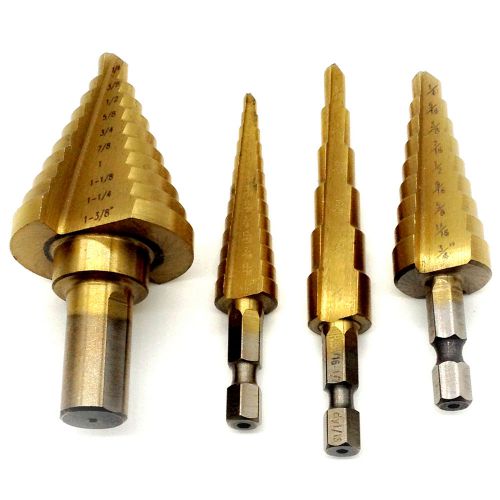 4pc hss titanium step drill bits set 38 size bit shank 1/2&#034;,1/4&#034; for sale