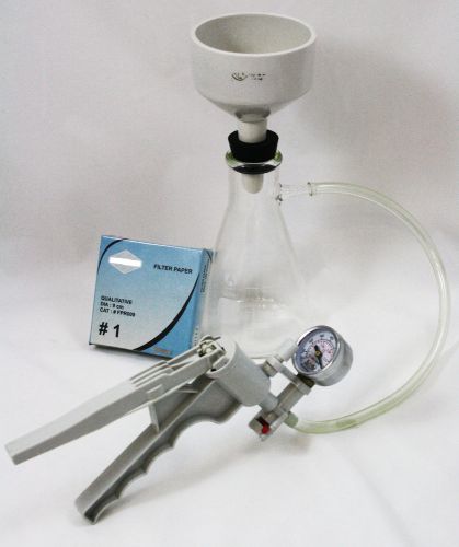 Filter setup includes pump with gauge, 500ml flask, 90mm buchner funnel, stopper for sale