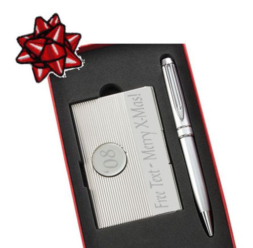 .2 Piece Gift Set : Circle-Initial Card Holder &amp; Pen Set with Free Engraving