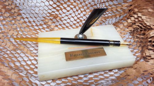 Marble Single Tulip Pen Holder Desk Set w/ Lever Fill Fountain Pen w/ 14K NIB