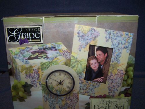 3 PIECE DESK SET - &#034;VINTAGE GRAPE&#034; 4X6 PICTURE FRAME; MEMORY BOX; TABLE CLOCK