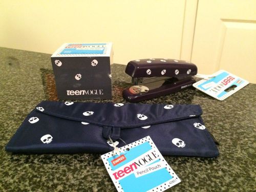 NEW Lot Of (3) Teen Vogue Skull Items: Sticky Note Cube, Pencil Pouch &amp; Stapler