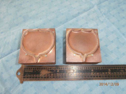 LOT OF 2 LETTERPRESS PRINTING BLOCKS SHIELD SHAPED VINTAGE, COPPER ON WOOD