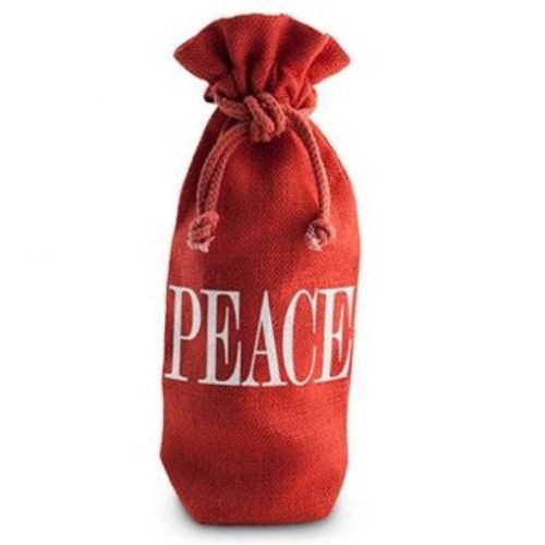 NEW Peace Drawstring Jute Bottle Bag Red Mesh White Lrg Font Writing Style