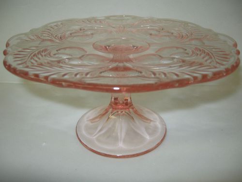 Pink Rose Glass cake serving stand plate platter pedistal thistle patten dessert