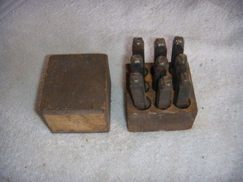 vintage 3/8&#034; steel 9 pc number punch die set in original wooden box