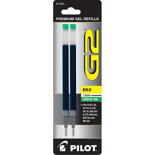 Pilot G2 Gel Ink Refill 2-Pack for Rolling Ball Pens Bold Point Green (77361)