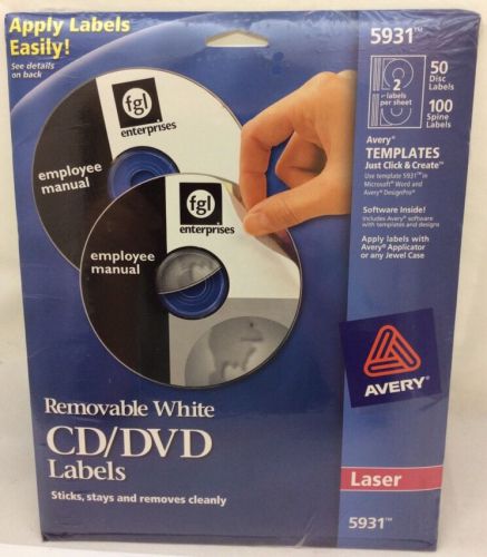 Avery 5931 CD/DVD Labels Removable White 50 Disc 100 Spine Laser Printer NEW
