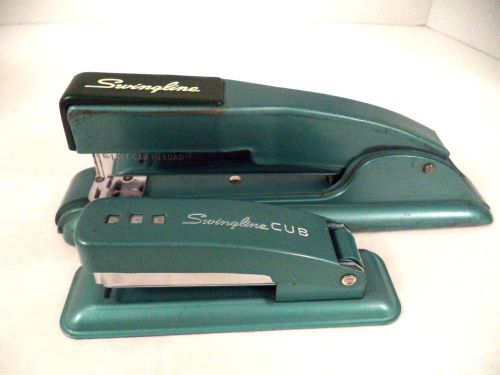 Vtg steampunk deco Swingline 27 emerald green Cub set 2 industrial staplers