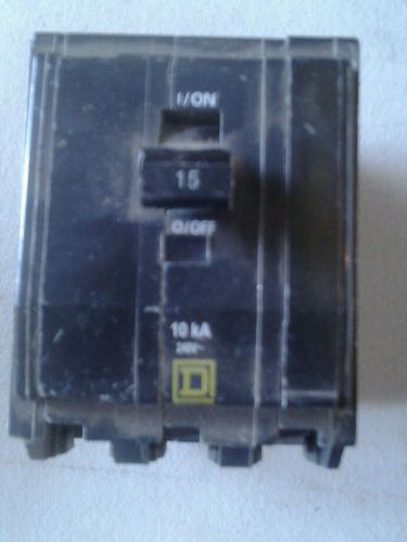 Square d qob315 circuit breaker, 15 amp, 3 pole, 240vac,printed face, hacr, used for sale