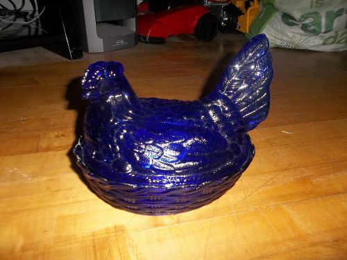 Cobalt blue glass hen chicken on nest for eggs candy butter dish rooster for sale