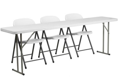 18&#039;&#039; x 96&#039;&#039; Plastic Folding Training Table with 3 White Plastic Folding Chairs