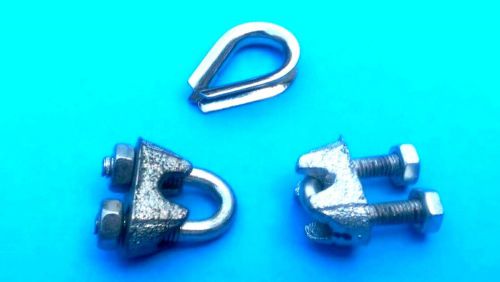 New Wire Rope Clamp &amp; Thimble Two Galvanized Steel Clamps for 1/8&#034; Rope Diameter