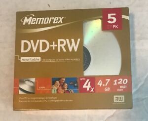 Memorex DVD+RW 4X |4.7GB 120 minute 5 Pack Re-writable Data Media