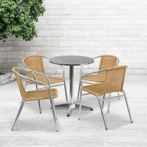 Durable 23.5&#039;&#039; Round Aluminum Indoor/Outdoor Table Set w/4 Beige Rattan Chairs