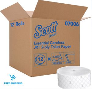 Scott Essential Jumbo Roll JR. Coreless Toilet Paper, 2-PLY, White, 12 Rolls per