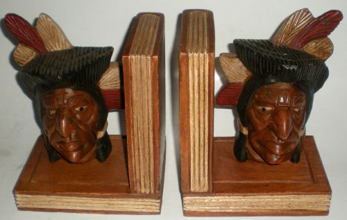 BOOKEND WOOD WOODEN HAND CARVED/PAINTED INDIAN HEAD SET BOOKSHELF DECORATIVE