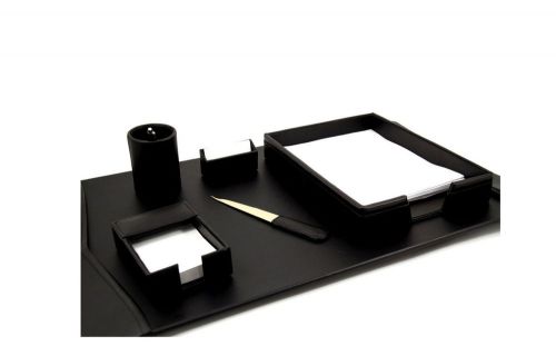6 pc Black Genuine Leather Desk Set pad pen card holder