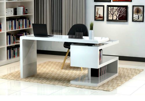 A33 Modern Office Desk with a S-design Bookcase White Lacquer Finish