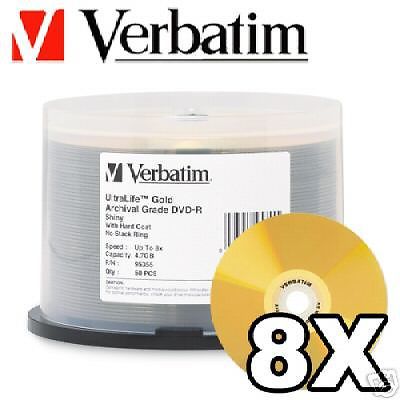 50 Verbatim 95355 8x DVD-R Gold Archival Silver Media