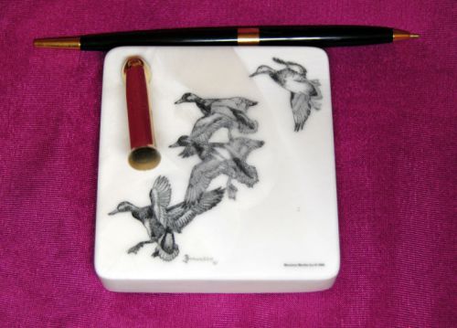 Wild Geese Etched Montana Marble Desk Pen Holder Set