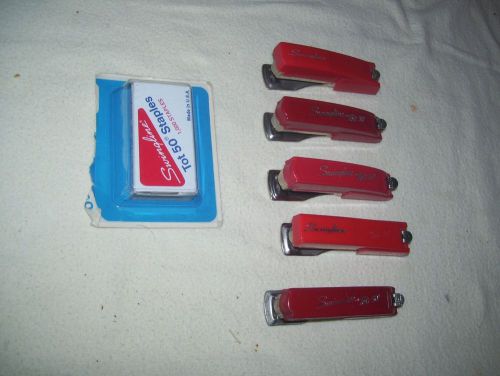 Lot of 5 Vintage Red Swingline Tot 50 Staplers &amp; Box of Staples