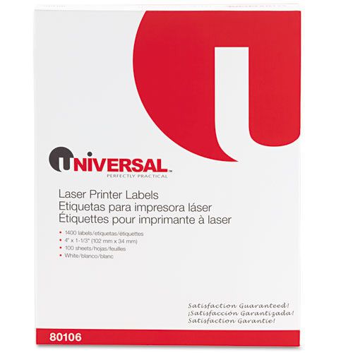 Universal Laser Printer Permanent Labels, 4 x 1 1/3 Label Size, White, 100