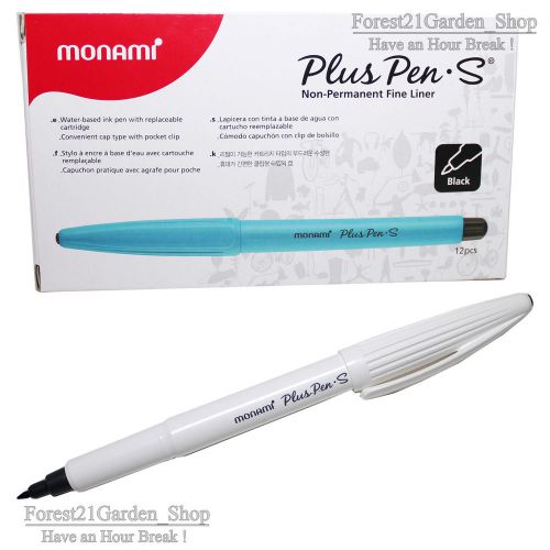 x12 Monami Plus Pen S Monami Water-Based  Felt tip, Fine line pen - Black 12 Pcs