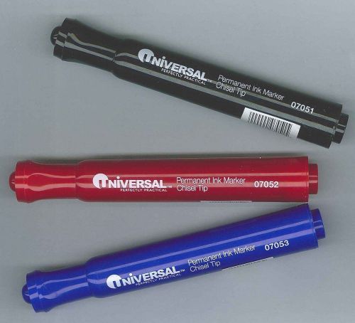 Lot of 3 Universal Chisel Felt Tip Permanent Ink Markers-1 Black, 1 Red, 1 Blue