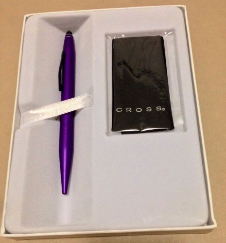 Cross Tech2 Satin Purple Ballpoint Pen &amp; Stylus + Microfiber Cloth Set, New