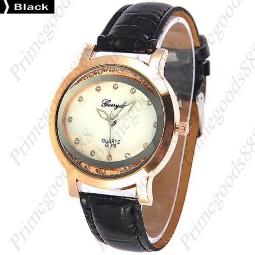 Round rhinestones pu leather lady ladies analog quartz wristwatch women&#039;s black for sale