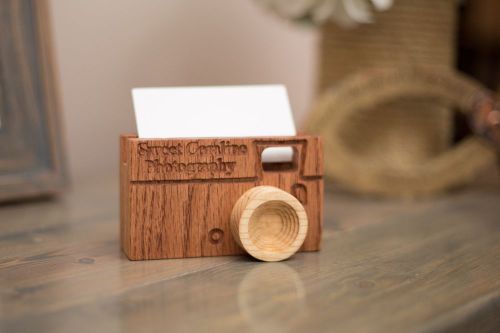 Business Card Stand / Camera / Wood / Personalized With Business Name