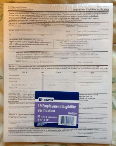 Adams GW9209 Brand New Sealed I-9 Employment Eligibility Verification 50 Forms
