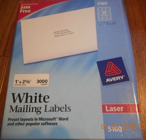 Avery 5160 White Laser Labels - Opened box of New labels 61 sheets - 1830 label