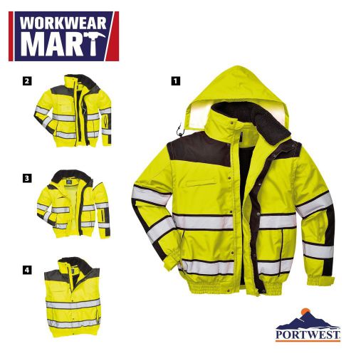 High-visibility bomber rain jacket 3 jackets in 1 reflective work portwest uc466 for sale