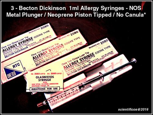B-D 1cc GLASS ALLERGY SYRINGES X 3 Pieces  NOS USA BOXED with NO CANULAS