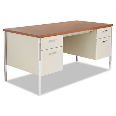 Double pedestal steel desk, metal desk, 60w x 30d x 29-1/2h, cherry/putty for sale
