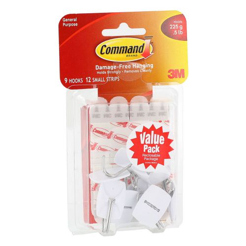 &#034;command general purpose hooks, small, holds 1lb, white, 9 hooks &amp; 12 strips/pac for sale