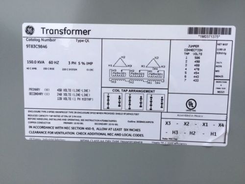 Ge 150kva 3 ph. 480 volt  240/120 transformer 9t83c9846 for sale