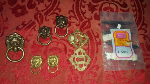 Vintage lot of Brass/Iron Lion Head Drawer Pulls Keyhole Plates Cabinet Hinge