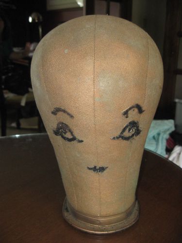 Vintage Millinery Head Canvas Mannequin Wig Hat Stand w/ Face Edison Lightbulb