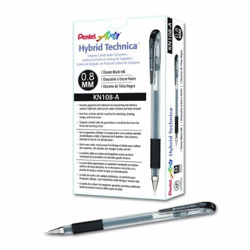Pentel Arts 0.8mm Hybrid Technica Gel Pen, Black, Box of 12 (KN108-A)
