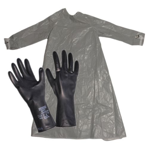 Dupont tychem f sleeved apron and chemical gloves size s/m/8 mil biohazard new for sale