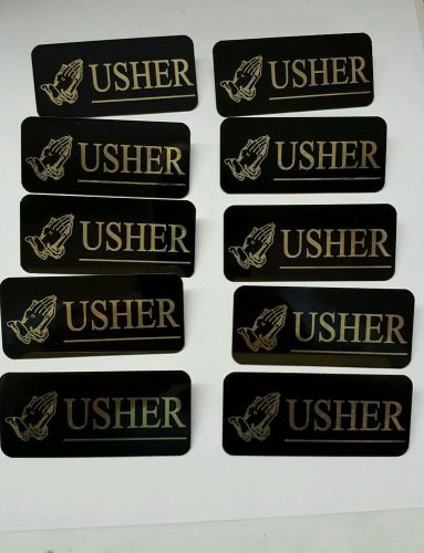 10 Black with Gold Letters Engraved Usher and Name Tags Badges Pin Back
