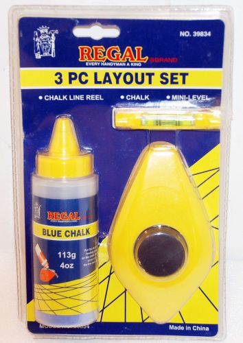 Regal 39834 100’ Chalk Line Reel, 4 oz. Bottle Blue Chalk, Mini Level NOS